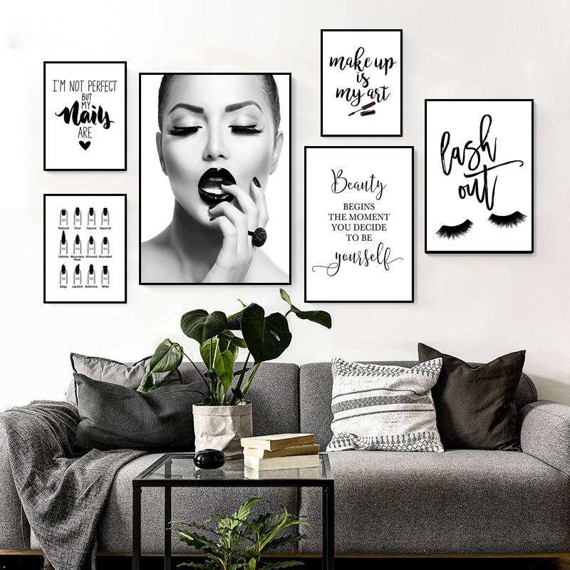 

Черно-белые модные постеры для девочек с красными губами, макияж, принты, холст, живопись, настенная картина, современная комната для девочек, домашний декор HD3132
