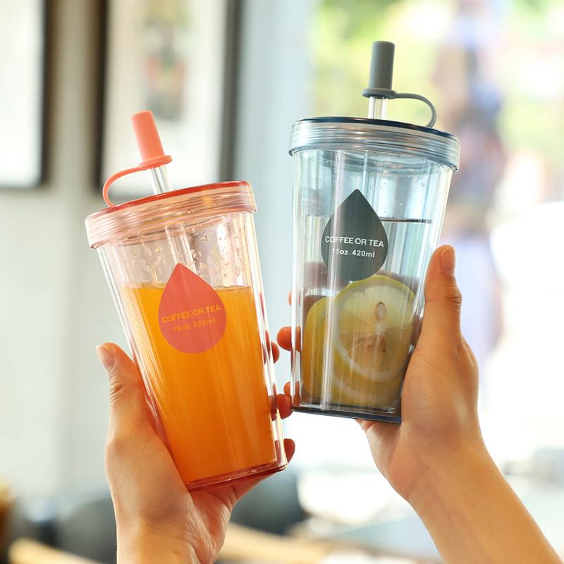 Glitzerbecher Wasserflasche für Mädchen Doppelschichtige Plastik-Trinkgefäße mit Strohhalm Wasserflaschen für Schulbedarf Camping