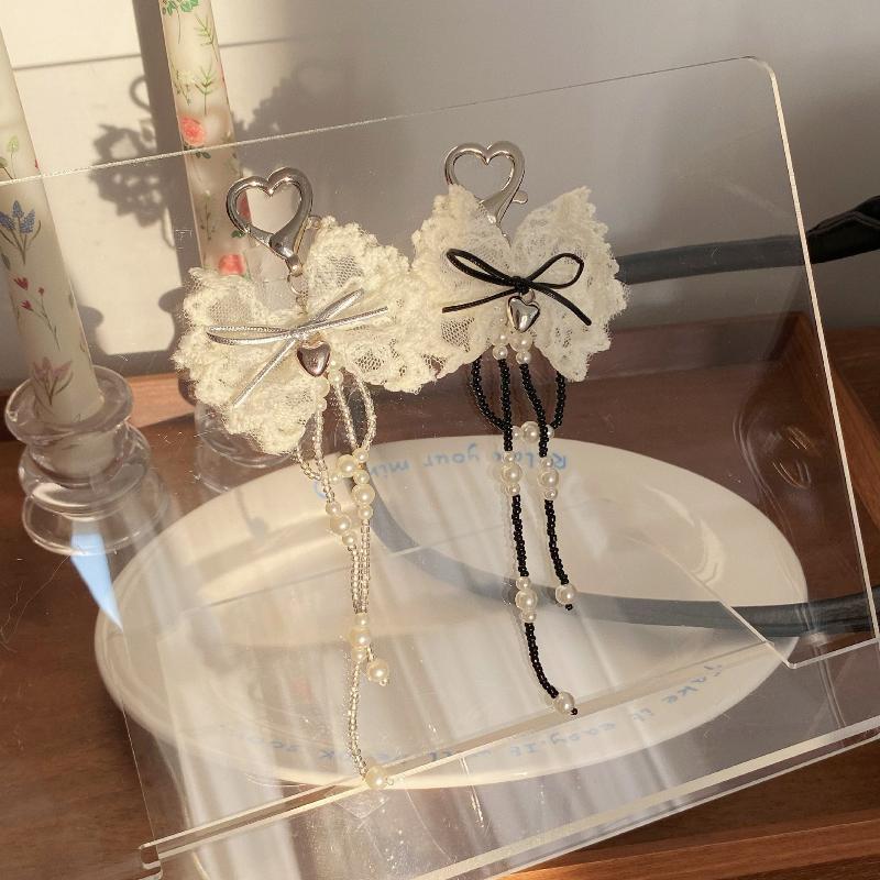 Ins Sweet Style Lace Bowknot Keychain Y2K Aesthetic Imitation Pearls Tassel Bow Keyring Exquisite  Bag Charms Key Pendant