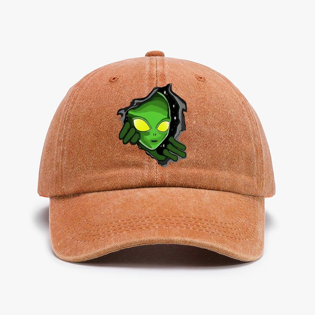 1 Piece Green Vintage Washed Baseball Cap Alien Print Sun Hat Adjustable For Halloween and Outdoor Fashion Headwear