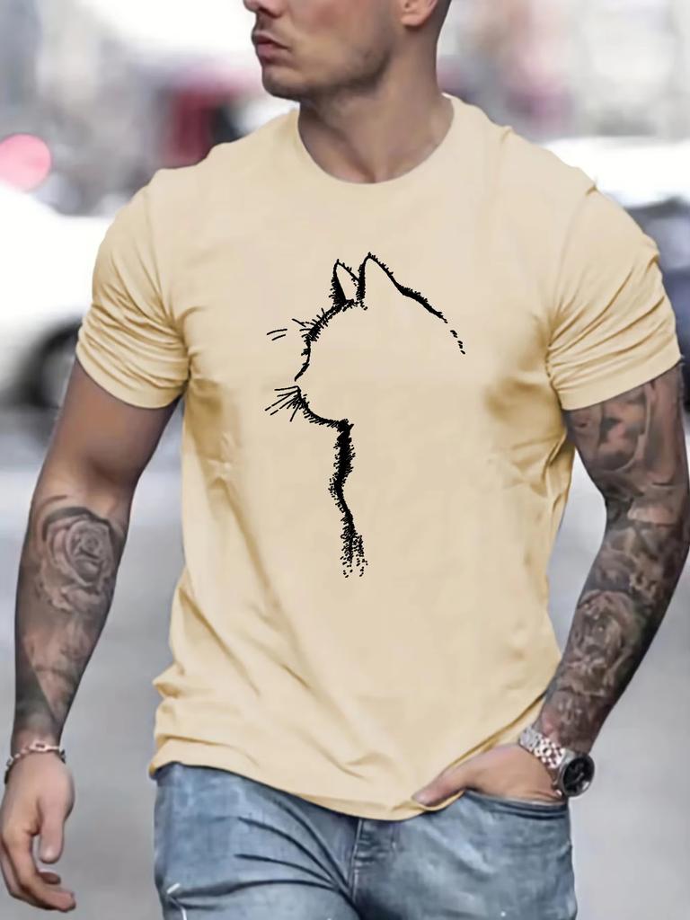 25 New Men's Pure Cotton Summer Loose Casual Comfortable Cat Print Sports Large Size Round Neck Short Sleeve T-shirt Street Top