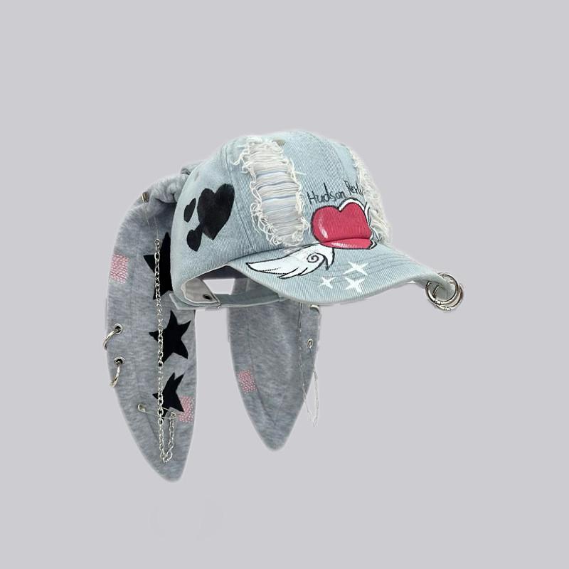 Postapocalyptic Rabbit Ear Distressed Baseball Cap With Sunblock For Street Fashion Enthusiasts