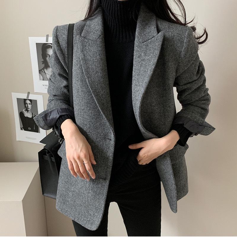 Women's Retro Hong Kong-Style Wool Herringbone Jacket - Long-Sleeved, Chic Suit Top for Spring & Autumn