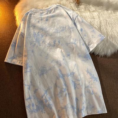 Fashion Women T-shirt Letters Embroidery Tie Dye Print Short Sleeves Loose Blouse