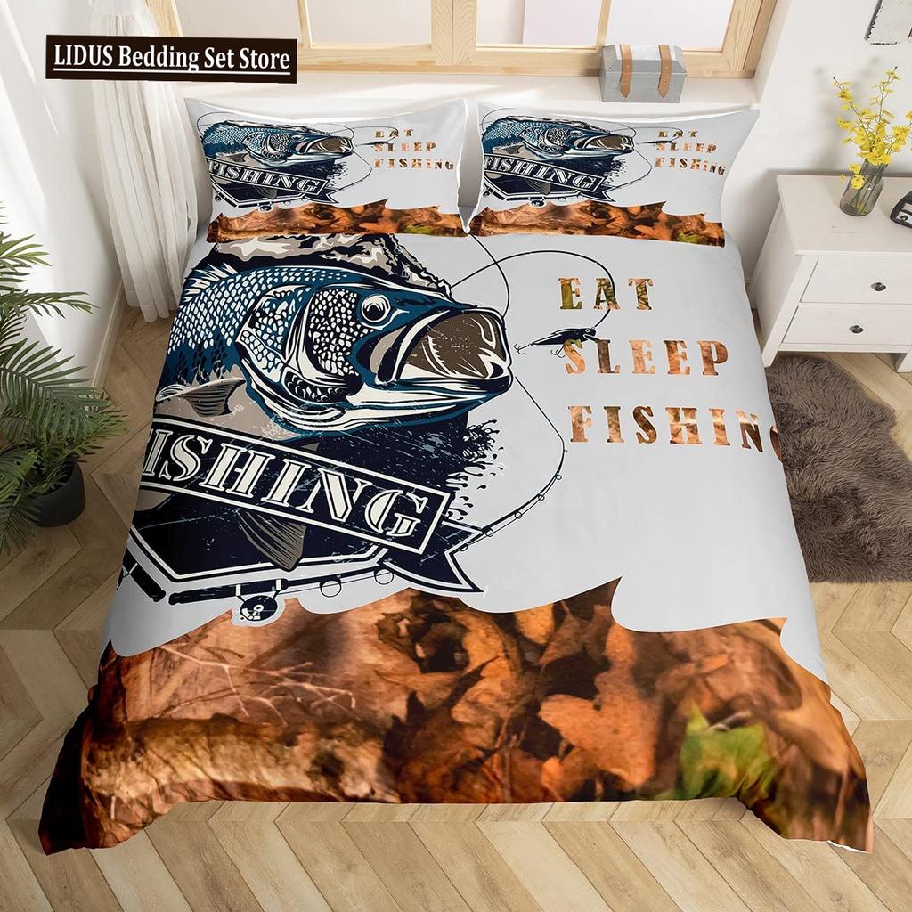 Pike Fish Bedding Striped Bass Big Pattern Hunting And Fishing Themed Duvet Cover For Kids Boys BedRoom Decorations For Teens