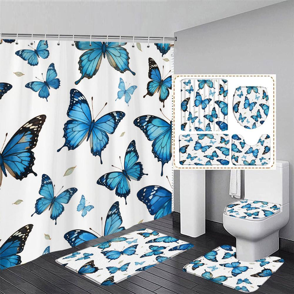 Floral Blue Butterfly Shower Curtain Set Purple Flowers Plant Butterflies Pattern Home Bathroom Decor Bath Mats Toilet Lid Cover