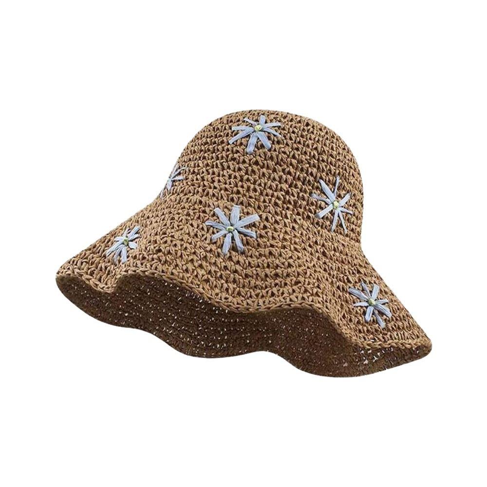 Straw Beach Sun Hat Flower Fisherman Cap Fashion Bucket Hat for Women