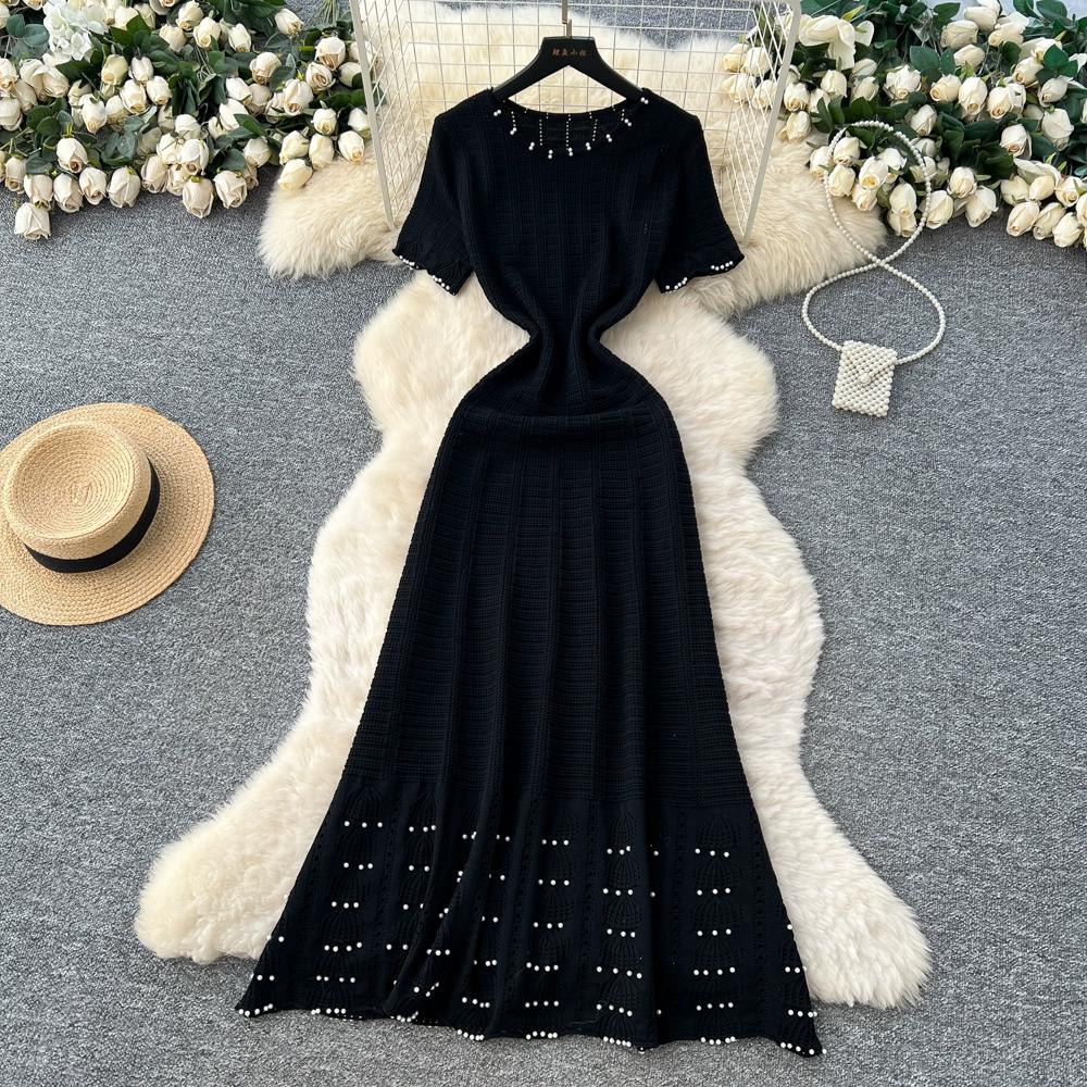 Spring Summer Women Casual Short Sleeve Beading Hollow Out Knitted Sweater Long Maxi Dresses