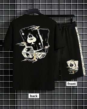 American men's summer fashion poker graffiti print comfortable breathable round neck T-shirt shorts set outdoor streetwear