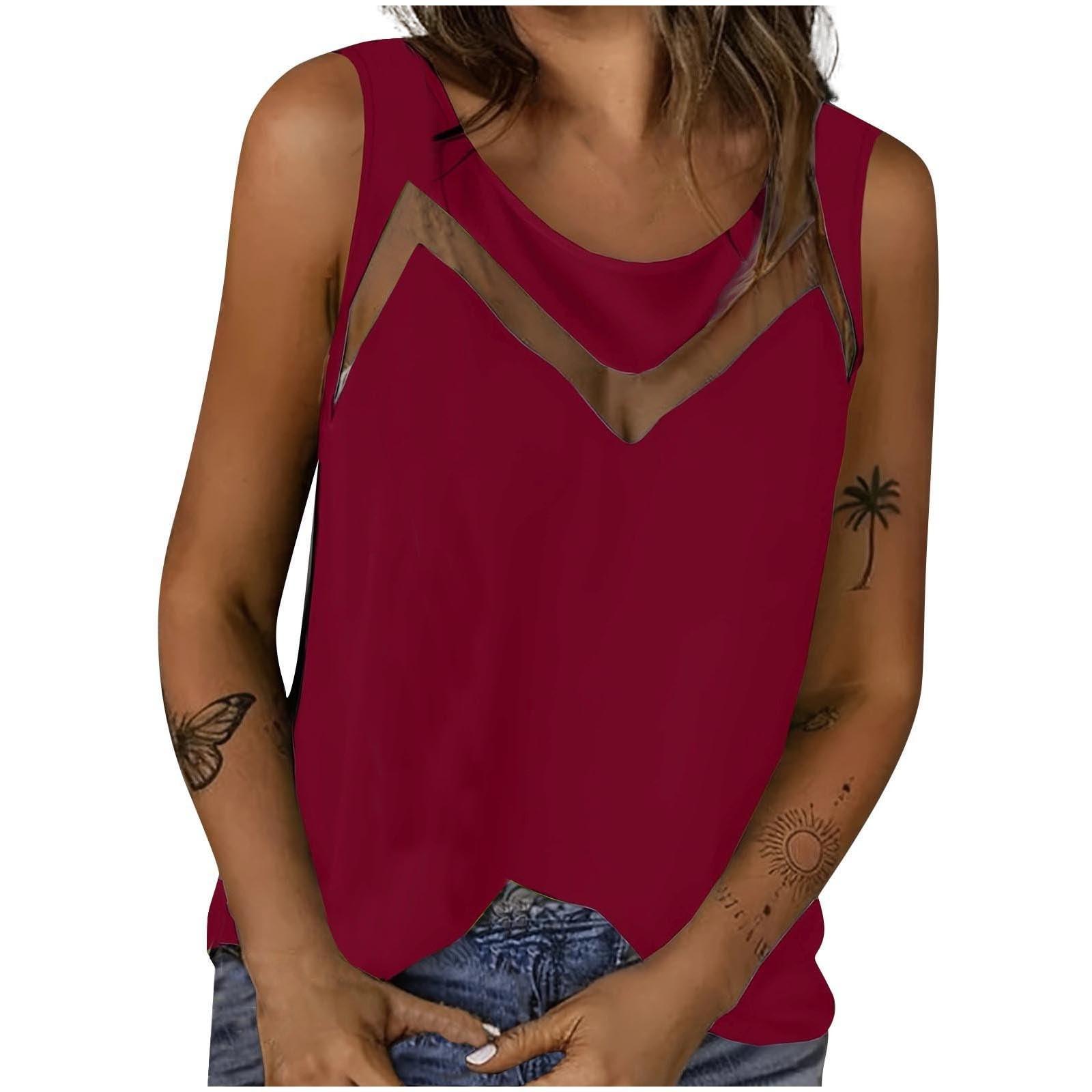 

Женский повседневный топ без рукавов, однотонный, сетчатый пэчворк, модный повседневный жилет XL винный