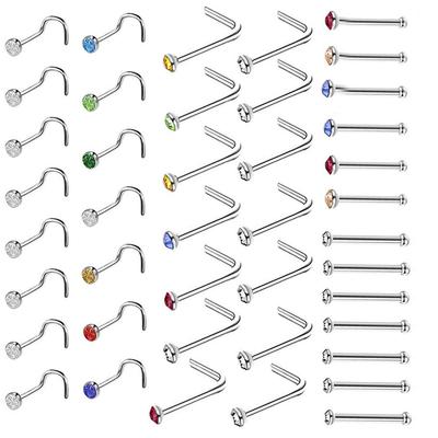 Buede nesepiercinger i rustfritt stål med strass, L-formet piercing-smykke, 10-pakning