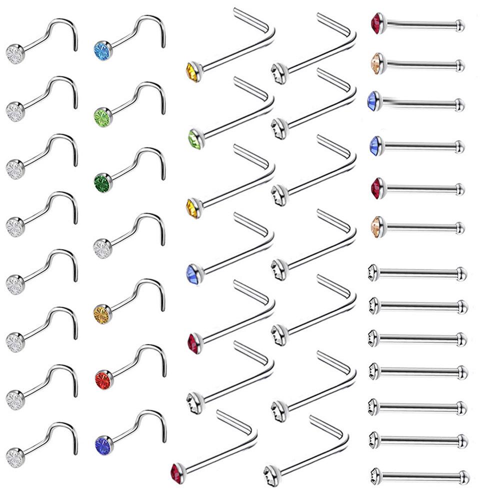 Curved Stainless Steel Rhinestone Nose Studs, L-Shaped Piercing Jewelry, 10-Pack