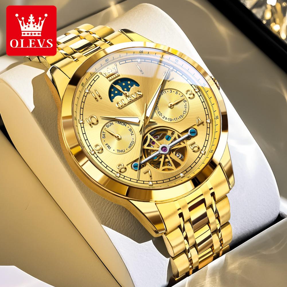 OLEVS Men's Watches Top Brand Luxury Original Automatic Mechanical Wristwatch for Man Moon Phase Date Week Flywheel Waterproof