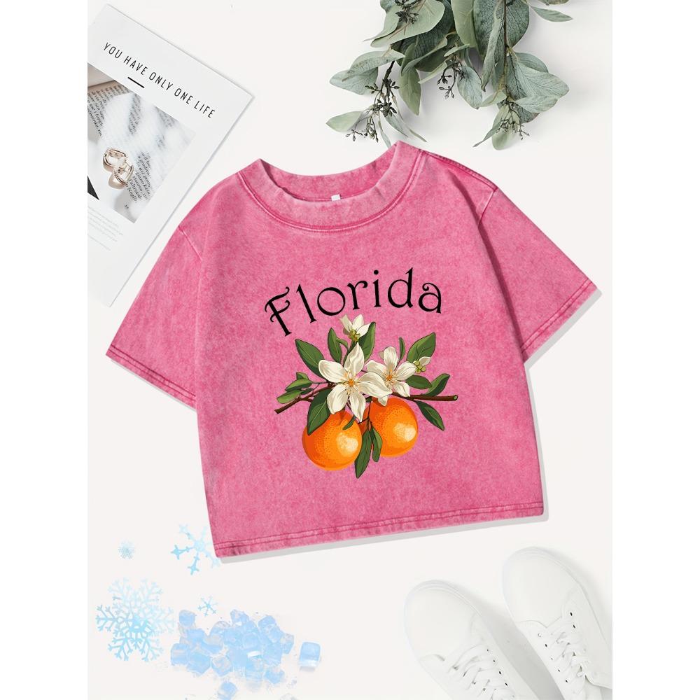 Y2K Cotton Crop Tops Women Fresh Oranges From Florida Prints Washed T-Shirts Fit O-Neck Streetwear Street Clothes