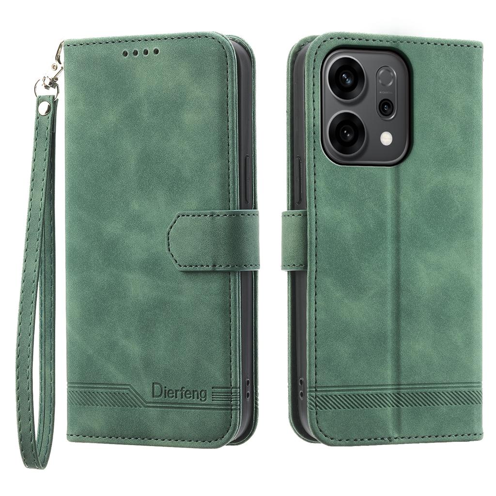 DIERFENG DF-03 For Oppo Reno14 5G (Global) Case Lines Imprint Wallet Leather Phone Cover with Wrist Strap