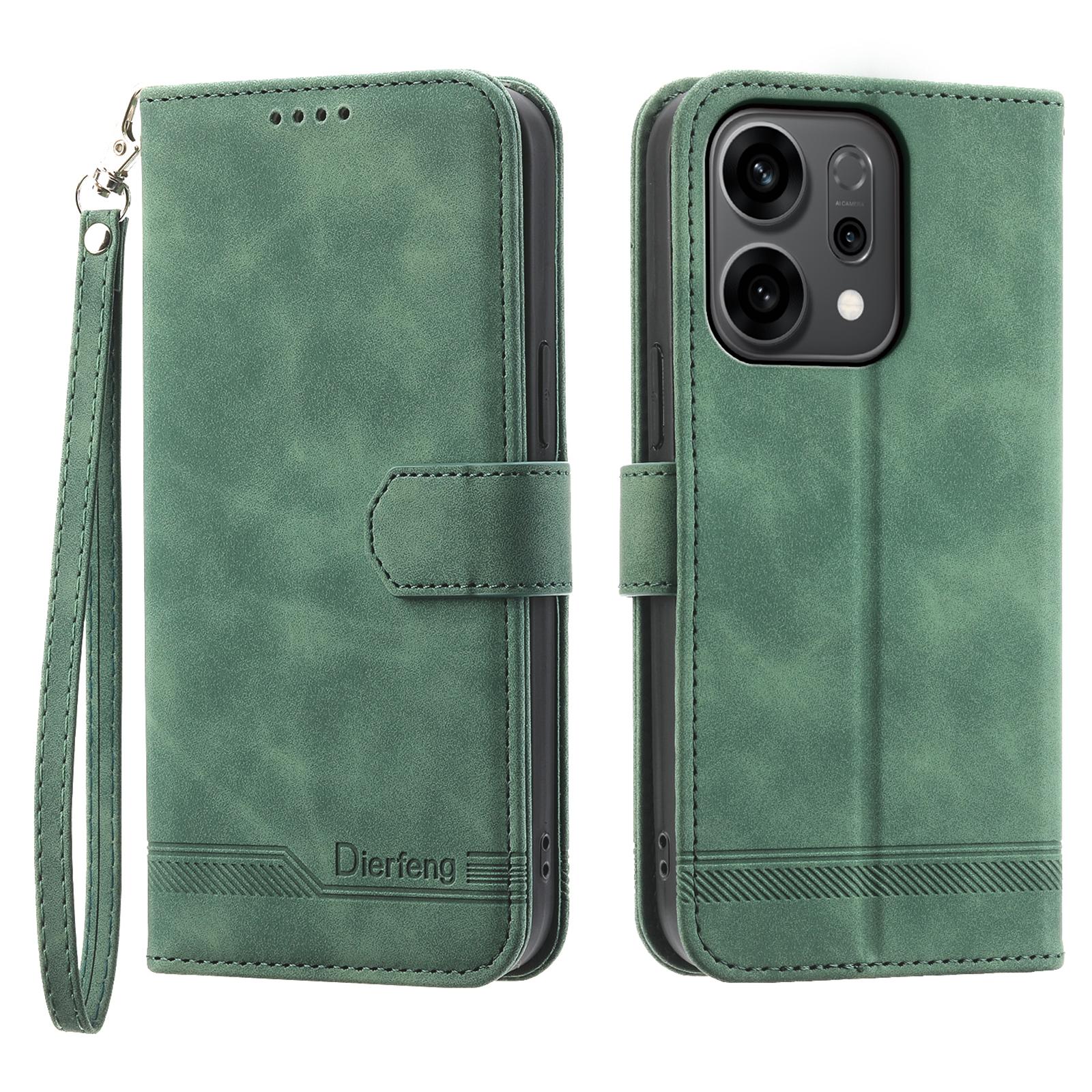 

DIERFENG DF-03 For Oppo Reno14 5G (Global) Case Lines Imprint Wallet Leather Phone Cover with Wrist Strap Green