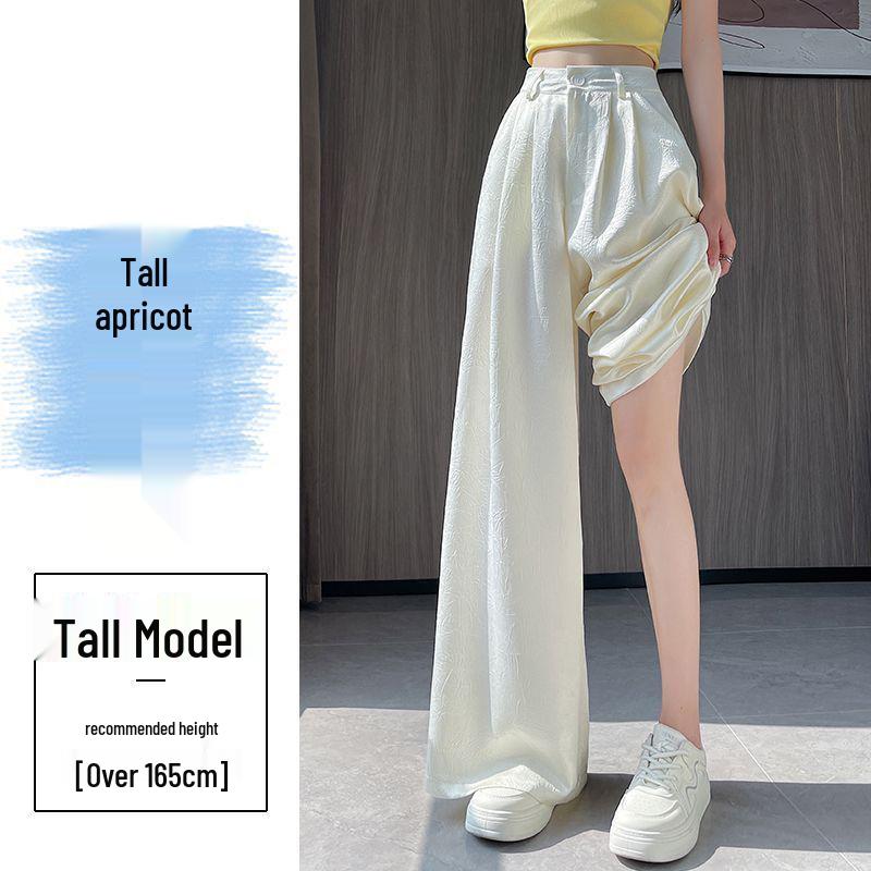 Apricot Acetate Satin High-Waisted Wide-Leg Women's Pants - Summer Loose Slimming Ice Silk Floor-Length Design