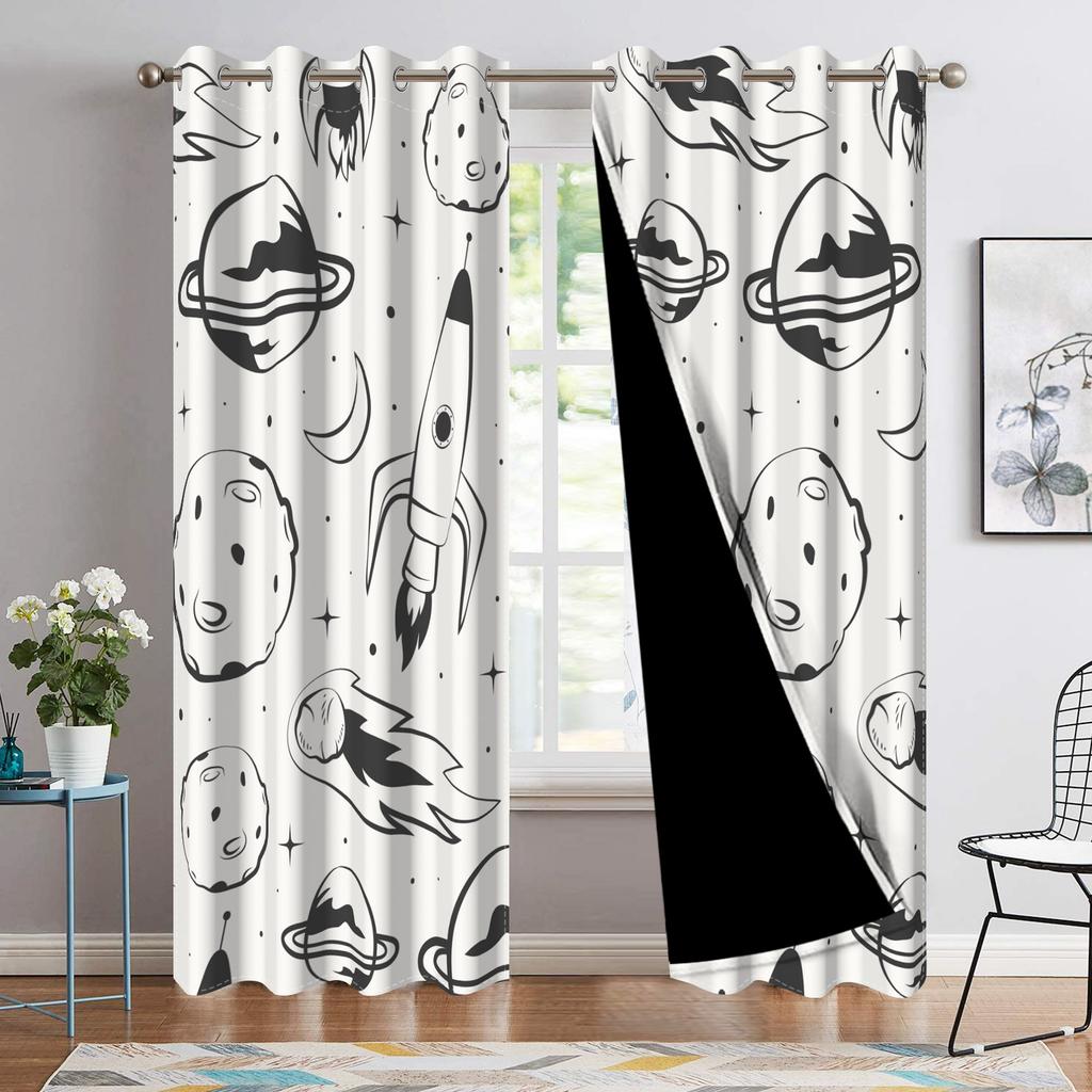Set mit 2 Vorhängen im Weltraum-Thema Sterne Cartoon Astronomisches Design Kinderzimmer Dekoration Schlafzimmer Wohnzimmer Fenster Vorhänge Verdunkelnd Polyester Ideal