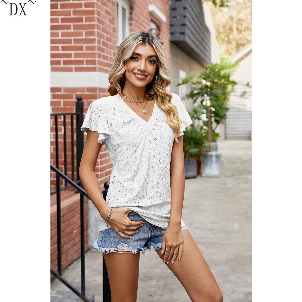 DX~~Summer New Solid Color Double Sleeve V-Neck Loose Short Sleeve T-shirt Top