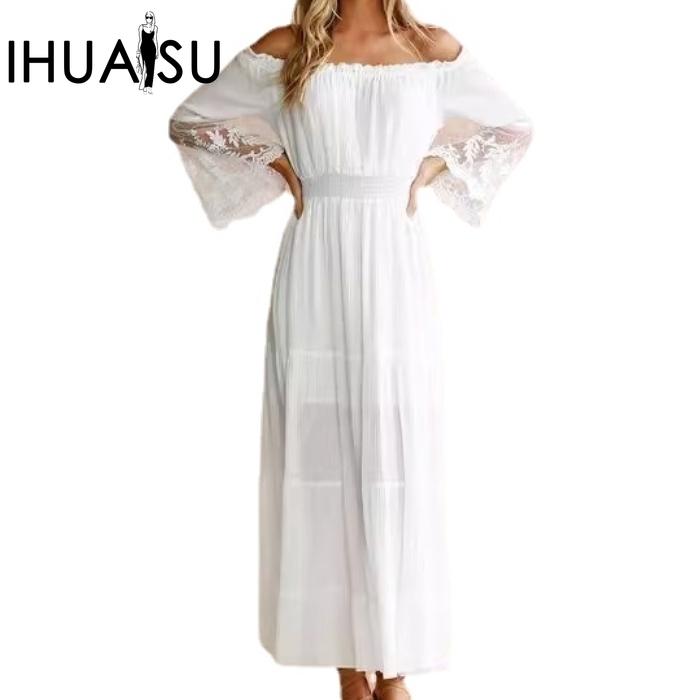 

IHUASU Dress Line с воротником и кружевным лоскутным платьем для женщин
