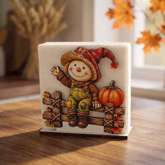 Decorative Napkin Stand for Kitchen Fall Scarecrow Wooden Holder, Harvest Pumpkin Rustic Ornaments Dispenser, Thanksgiving Farmhouse Tabletop