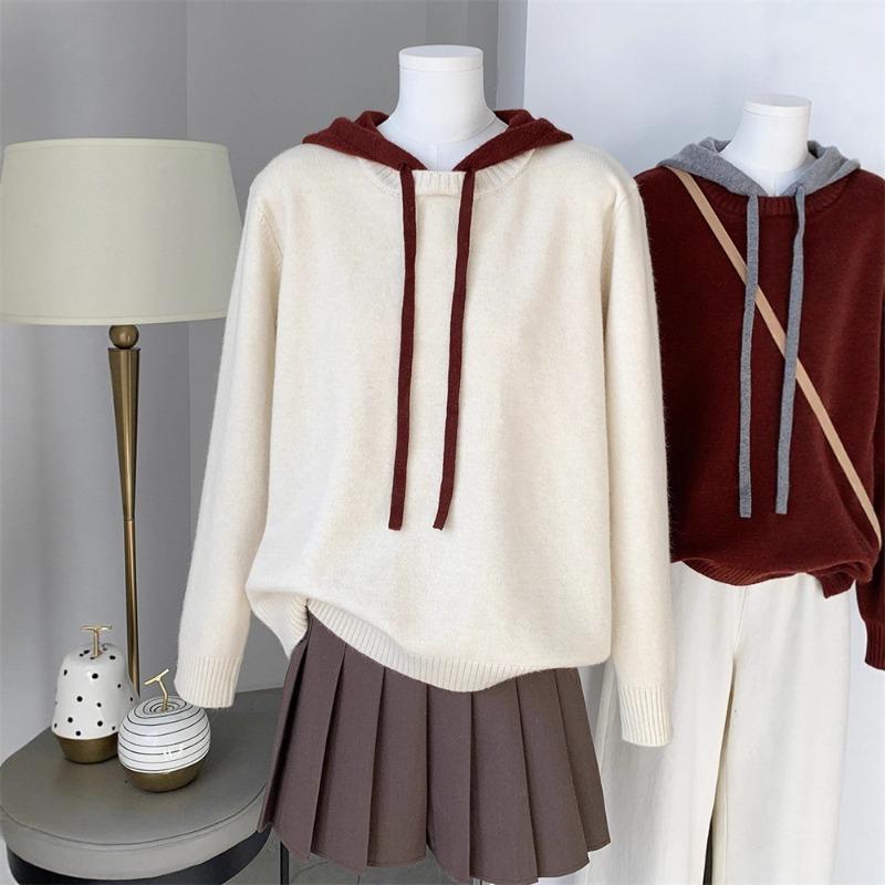 Simple contrasting colors hooded drawstring women's knitted sweater outer wear autumn and winter new long-sleeved pullover sweater women's top