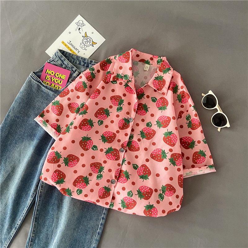 Japonia Kawaii Fructe Căpșuni Graffiti Cămașă Cu Nasturi Dulce Fată Adolescenți Cămăși POLO Topuri cu mânecă scurtă Moda coreeană Plajă