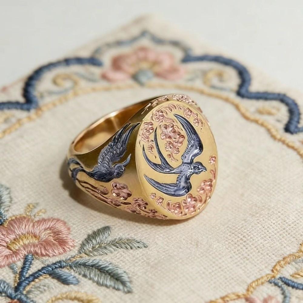 Vintage Enamel Floral Ring Light Luxury Bird Rings Sweet Wild Duck Ring Ethnic Style