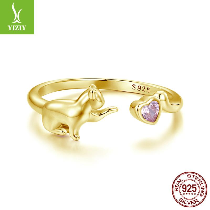 Pink Love Cat Open Ring, Sweet And Cute Animal S925 Sterling Silver Ring Ring.