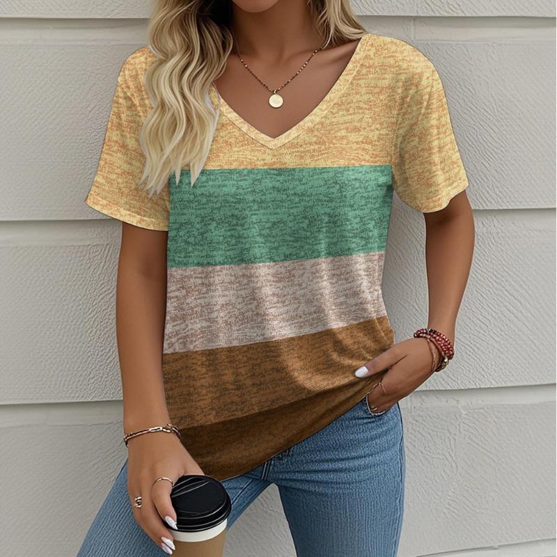 

Summer Women s T-Shirt Striped Printing Outdoor Retro Fashion Casual Oversized V-Neck Short-Sleeved Women s Clothing L