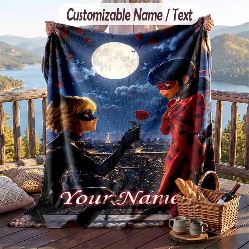 Coperta in Flanella Miraculous Ladybug, Testo con Nome Personalizzato, Morbida Calda Coperta Plaid in Peluche per Regalo