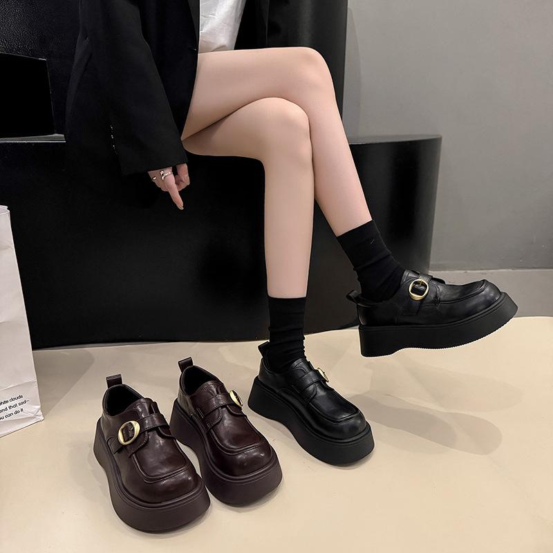 Platform Small Leather Shoes Women's 2025 Spring and Summer New British Style Jk Loafers Belt Buckle Muffin Bottom Black Single Shoes