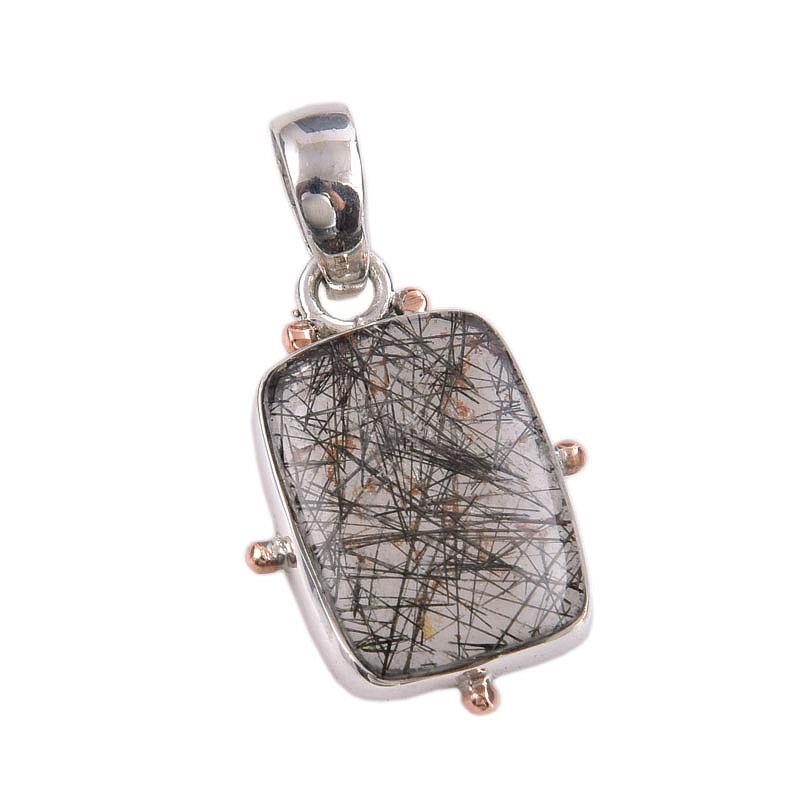 Natural Black Rutile Gemstone 925 Solid Sterling Silver Gift Pendant 1.50" F1Y69