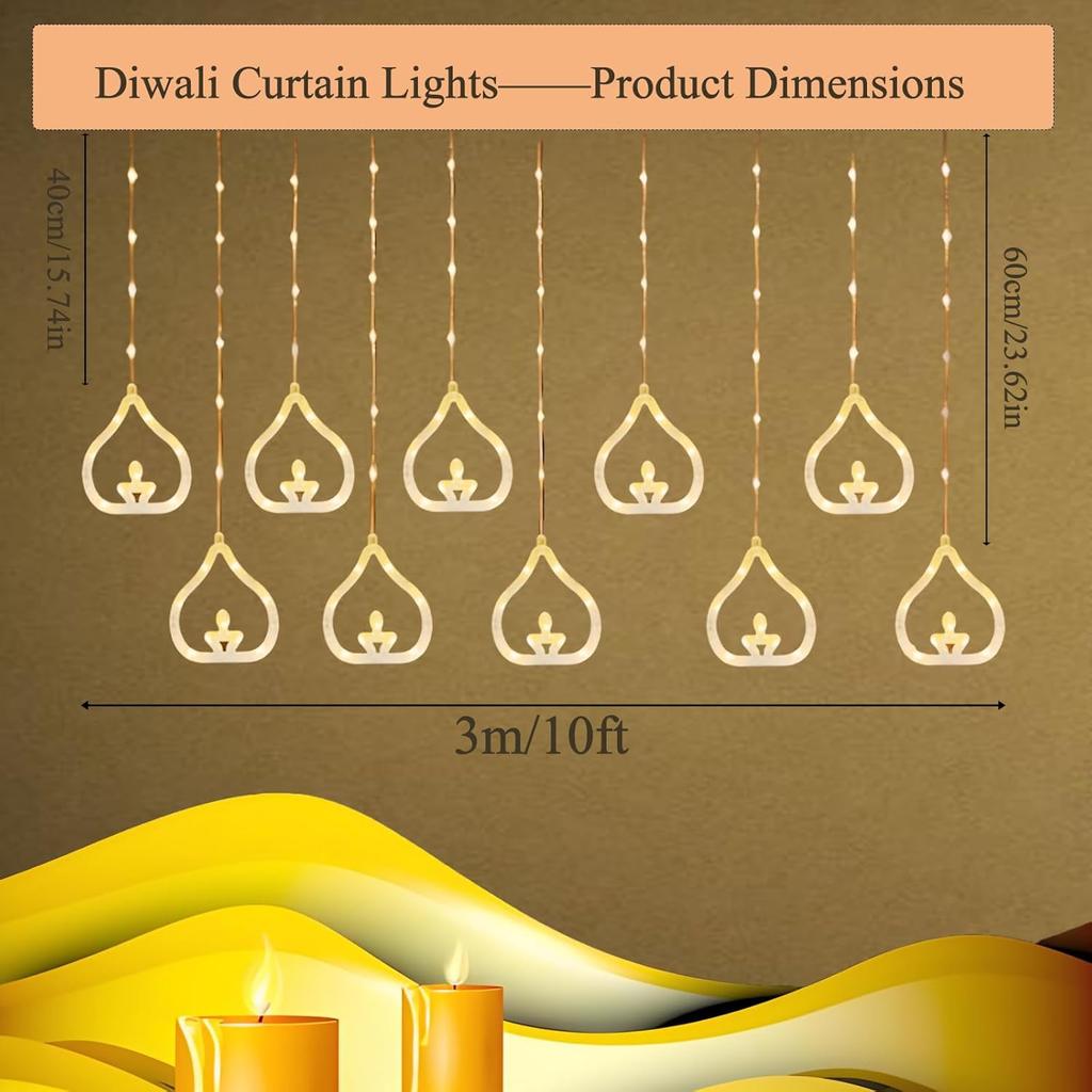 Diwali Usb Curtain String Lights Hanging Diya Ring Ornaments 8 Modes Window Curtain Light Home Mandir for Muslim Holiday Decor
