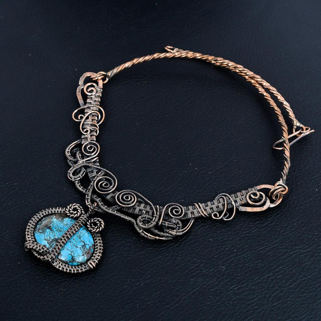 Tibetan Turquoise Necklace Gemstone Jewelry, 999 Copper Wire Wrapped Necklace Necklace, Handmade Jewelry Birthstone Necklace
