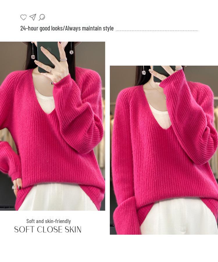 V-Neck Women's Long-Sleeve Pure Wool Sweater – Cozy Autumn/Winter Knitwear