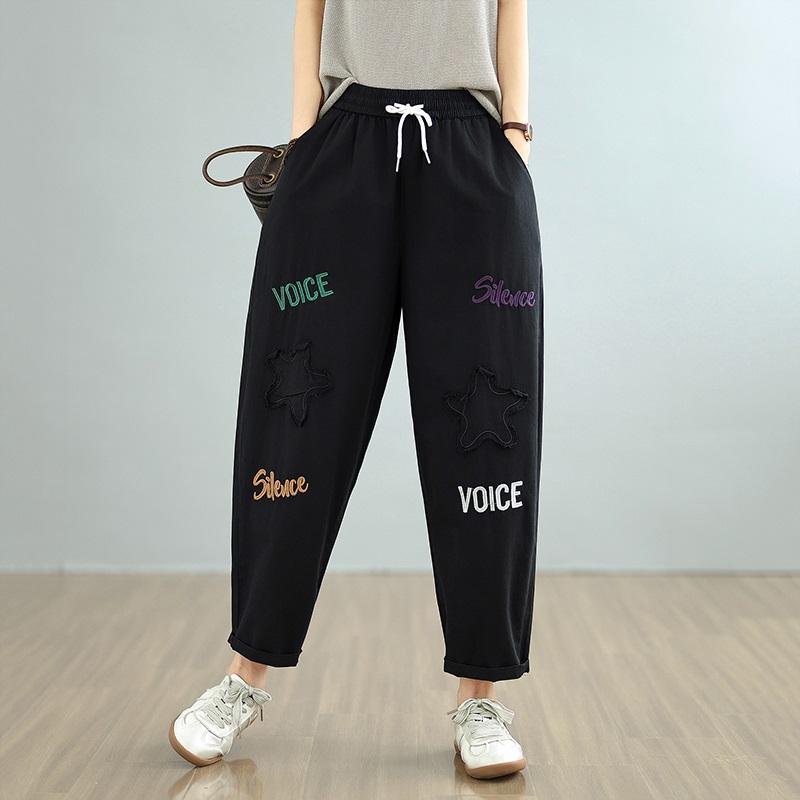 Plus Size Thin Vintage Embroidery High Waist Casual Loose Women Summer Jeans Denim Harem Pants