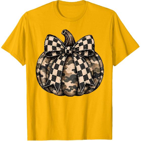 Camo Pumpkin with Checkered Bow Cute Fall Halloween Season T-Shirt