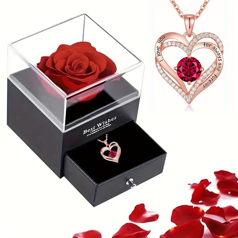 Luxury Red Zircon Pendant Necklaces With Rose Flower Gift Box For Girlfriend Women I Love You Gifts, Romantic Anniversary Party Birthday Wedding Gift
