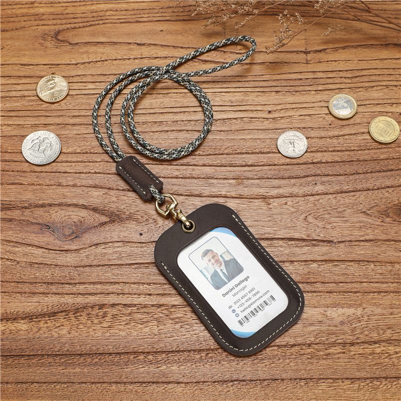 Retro handmade bus card cover Crazy Horse first layer cowhide work card ID cover with lanyard chest card access work permit
