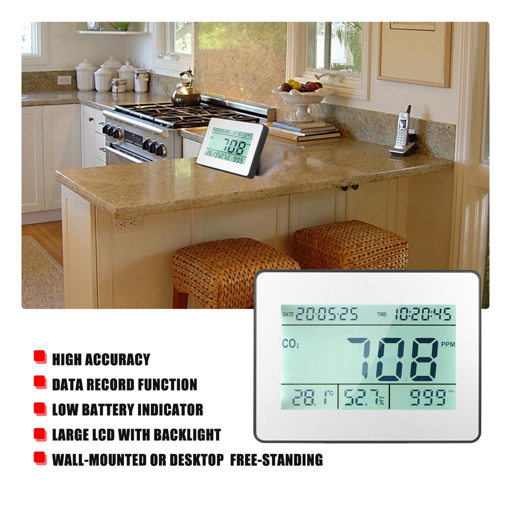 Carbon Dioxide Detector Air Quality Monitor Meter with Data Logging Clock Function 5.5-inch Large LCD Wall Mountable CO2 Detecto