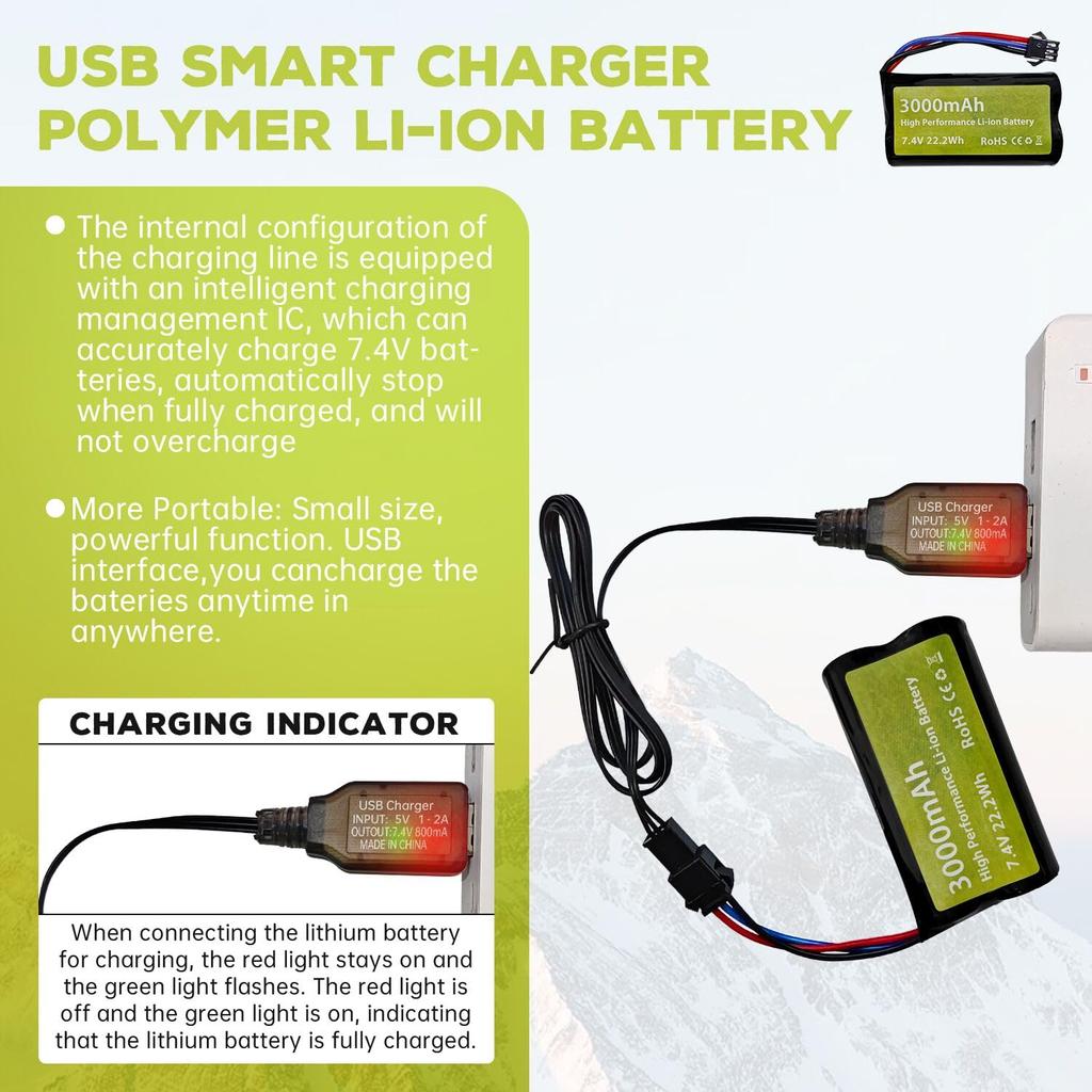 2PCS 7.4V 3000mAh 15C 2S Li-ion Battery with SM-3P Plug and USB Charging Cable for DE43, DE60, 9500E, Huina 1575 Remote Control Engineering Car, and