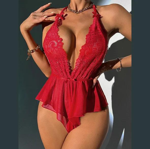 Women Sexy Lace See Through Nightie Bodysuit Halter Sexy Lingerie Backless Perspective Crotchless Jumpsuit Female Mini Skirt