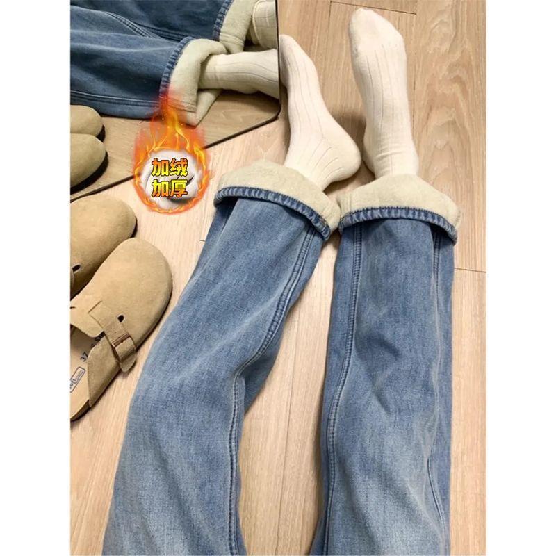 

Флисовые выстиранные старые широкие джинсы женские осенне-зимние новые дизайнерские облегающие и стройнящие прямые брюки в пол 2XL синий