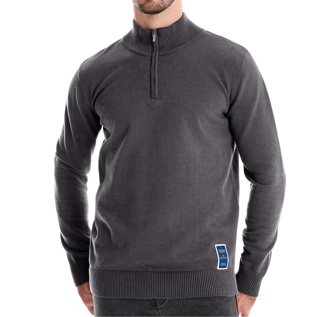 Men's Winter Solid Color Stand Collar Half Zipper Slim Fit Knit Long Sleeve Top