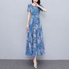 2025 Summer Chiffon Printed Medium Long Dress for Women Round Neck Short Sleeved A-line Design Thin Dress