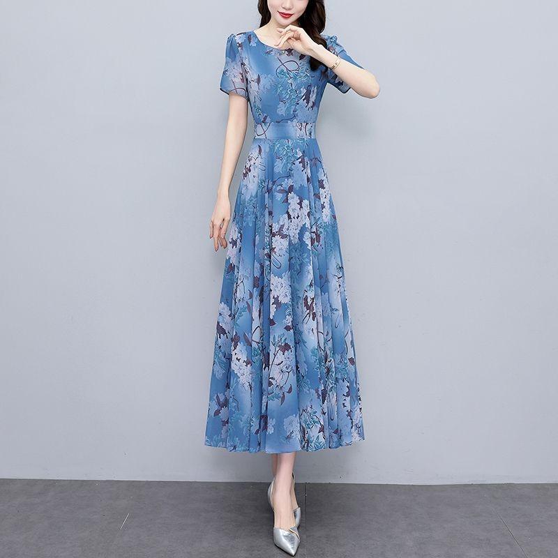 2025 Summer Chiffon Printed Medium Long Dress for Women Round Neck Short Sleeved A-line Design Thin Dress