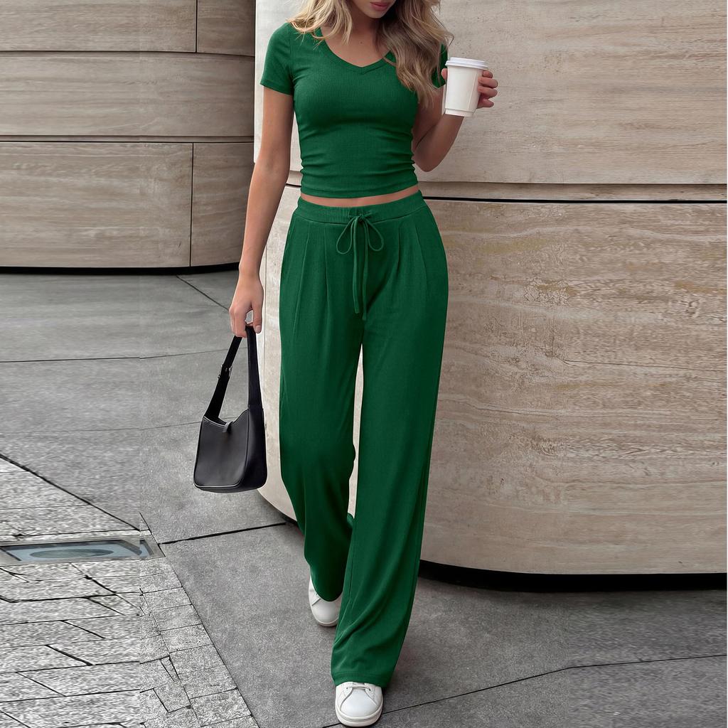 Women's Casual Elegant V-neck Casual Top And Pants Two-Piece Set