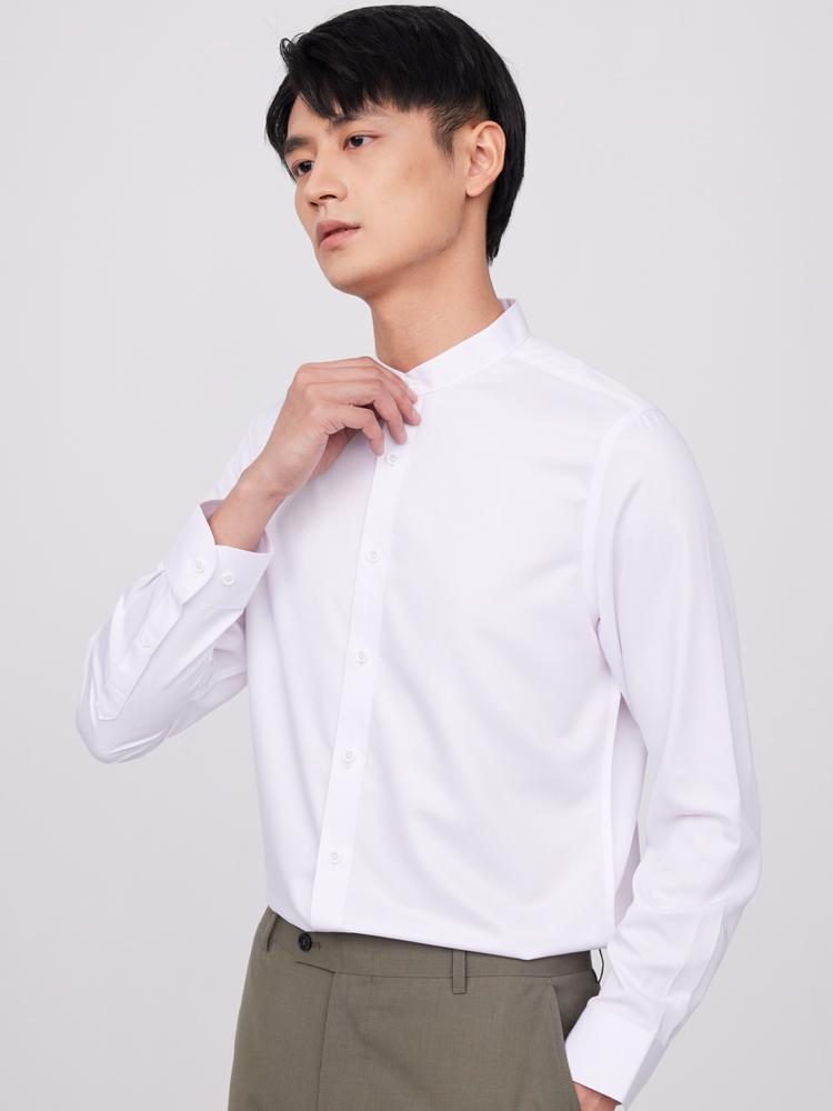 Men's Comfy Slight Strech Stand Collar Shirt, Semi-formal Button Up Long Sleeve Classic Solid Color Shirts, Light Business Style