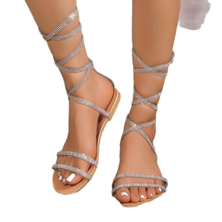 Foreign trade summer new sandals women's European and American rhinestones cross straps women's slippers sandals are fashionable and versatile